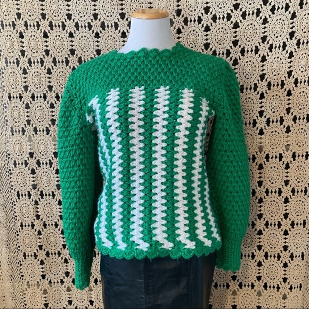 Vintage Hand Knit Crochet Kelly Green And White Jean L. Johnson Sweater S - Picture 6 of 6